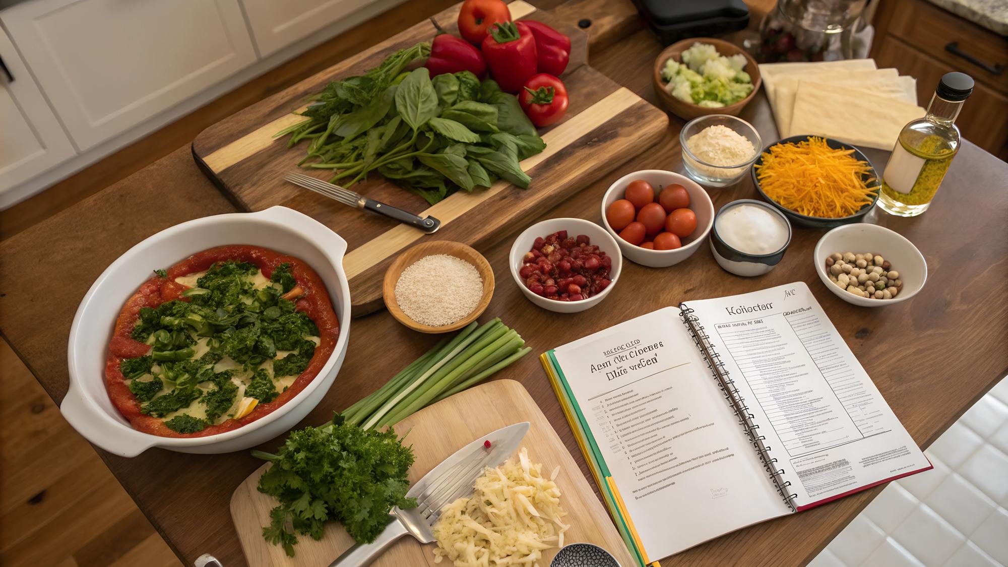 Set cucina domestica con piatti pronti e note ricetta